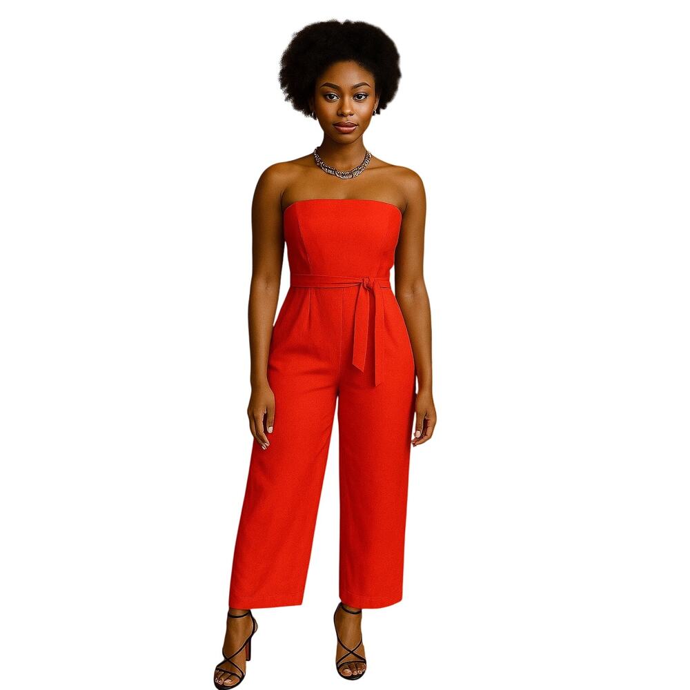 Line & Dot Red Strapless Linen Blend Wide Leg Jumpsuit Size Small